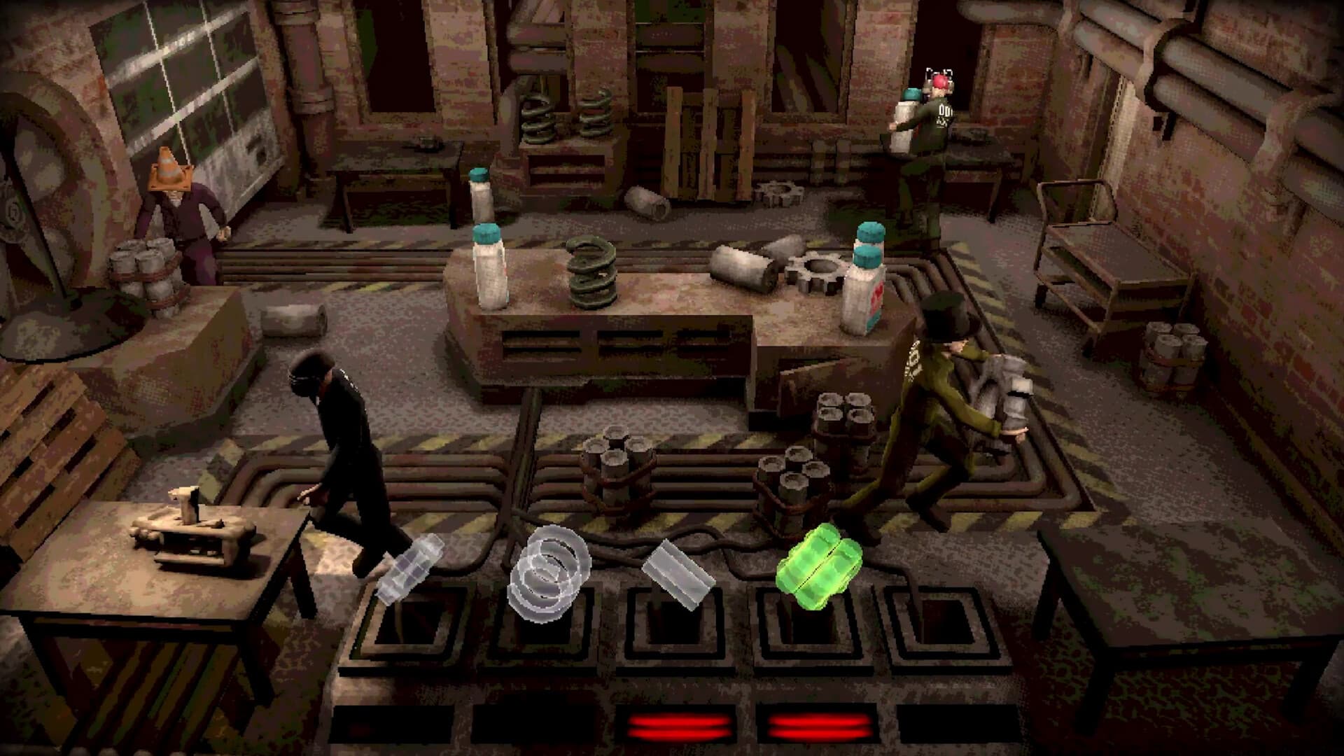 Cuatro jugadores trabajando en los bancos de montaje de la simulación Armando armas, de las capturas oficiales de la tienda de Steam